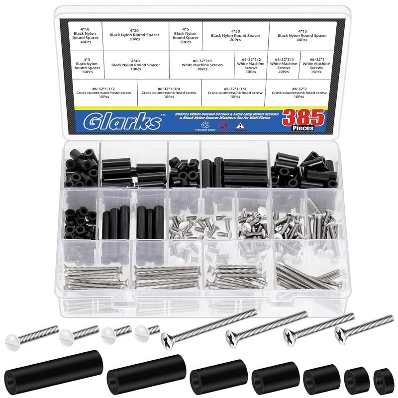 Glarks 385pcs White Wall Plate Screw Set, 3/8’’ 1/2’’ 3/4’’ 1’’ Long, Outlet Plate Screw and Long Electrical Outlet Screw with Nylon Round Spacer, Switch Panel Screw, Outlet Cover Screw for Wall Plate - Image 1